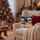 Christmas Pillow Cover 40x40 cm, Handmade Quilted Winter Village, Cottage Cushion