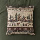 Winter Village Woven Pillow Snowy Christmas Village Rustic Cabin Decor Scandinavian Holiday Throw Pillow Woodland Winter Tapestry Cushion
