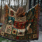Woodland Christmas Woven Blanket, Deer Fox Rabbit Bird Patchwork Tapestry Throw, Winter Holiday Folk Art Wall Hanging Rustic Home Decor Gift