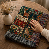 Woodland Christmas Woven Blanket, Deer Fox Rabbit Bird Patchwork Tapestry Throw, Winter Holiday Folk Art Wall Hanging Rustic Home Decor Gift