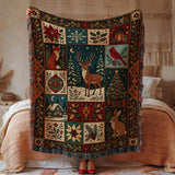 Woodland Christmas Woven Blanket, Deer Fox Rabbit Bird Patchwork Tapestry Throw, Winter Holiday Folk Art Wall Hanging Rustic Home Decor Gift