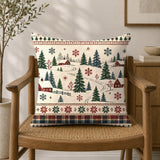 Christmas Village Throw Pillow Cover, Red Green Scandinavian Folk Cushion, Winter Decor