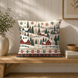 Christmas Village Throw Pillow Cover, Red Green Scandinavian Folk Cushion, Winter Decor