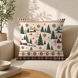 Christmas Village Throw Pillow Cover, Red Green Scandinavian Folk Cushion, Winter Decor