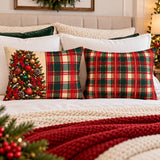 Christmas Tree &amp; Tartan Plaid Lumbar Pillow, 20x14" Holiday Decor