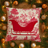 Christmas Santa's Sleigh Pillow Cover with Red Toile Pattern, Luxe Holiday Decor, Cabin Chic Cushion Case, Decorative Winter Pillowcase Gift