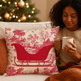 Christmas Santa's Sleigh Pillow Cover with Red Toile Pattern, Luxe Holiday Decor, Cabin Chic Cushion Case, Decorative Winter Pillowcase Gift