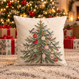 Christmas Tree Throw Pillow, Red and Blue Birds Holiday Home Decor