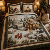 Fox Cabin Winter | Quilted Bedding Set