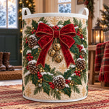 Red Bow & Jingle Bells | Quilted Laundry Basket