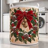 Red Bow & Jingle Bells | Quilted Laundry Basket