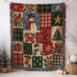 Cosy Christmas Snowman Blanket – Woven Patchwork with Red Birds