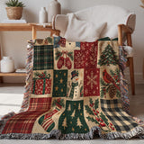 Cosy Christmas Snowman Blanket – Woven Patchwork with Red Birds