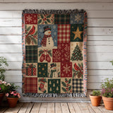 Cosy Christmas Snowman Blanket – Woven Patchwork with Red Birds