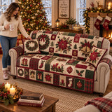 Christmas Poinsettia Patchwork Quilted Couch Cover, Holiday Sofa Protector