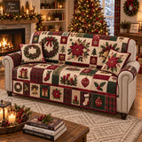 Christmas Poinsettia Patchwork Quilted Couch Cover, Holiday Sofa Protector