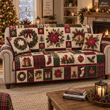 Christmas Poinsettia Patchwork Quilted Couch Cover, Holiday Sofa Protector