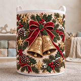 Golden Bells & Holly Ribbon | Quilted Laundry Basket