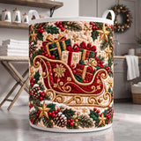 Red Sleigh & Holly Garland | Quilted Laundry Basket