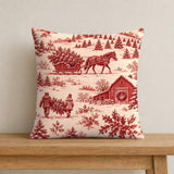 Christmas Toile Pillow Cover, Red Tree Farm and Horse Sleigh