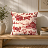 Christmas Toile Pillow Cover, Red Tree Farm and Horse Sleigh