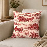 Christmas Toile Pillow Cover, Red Tree Farm and Horse Sleigh