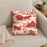 Christmas Toile Pillow Cover, Red Tree Farm and Horse Sleigh