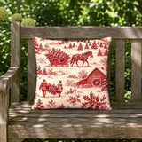 Christmas Toile Pillow Cover, Red Tree Farm and Horse Sleigh