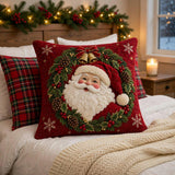 Santa Claus Wreath Quilted Pillow, Christmas Bell Print Throw Pillow, Red Holly Pinecone Cushion, Cozy Bedroom Decor, Holiday Gift