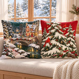 Christmas Pillow Cover, Vintage Santa, Snowy Village &amp; Red Cardinal, Double-Sided Cushion Cover, 14/16/18/20/24 Inch