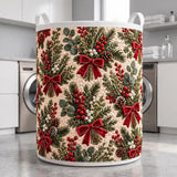 Evergreen Sprigs & Red Bows | Quilted Laundry Basket