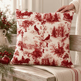 Red Christmas Toile Pillow Cover, Cardinal Christmas Pillowcase, Victorian Winter Sleigh Scene