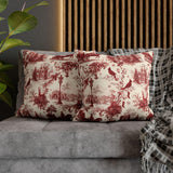 Red Christmas Toile Pillow Cover, Cardinal Christmas Pillowcase, Victorian Winter Sleigh Scene