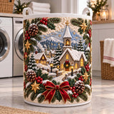 Snowy Village Chapel | Quilted Laundry Basket