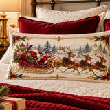 Old-World Santa Sleigh Lumbar Pillow, Cranberry Red Backside, Antique Gold Border (20x12)