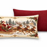 Old-World Santa Sleigh Lumbar Pillow, Cranberry Red Backside, Antique Gold Border (20x12)