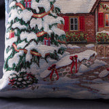 Christmas Woven Tapestry Cushion Cover, Snowy Cottage and Christmas Trees, 45x45 cm