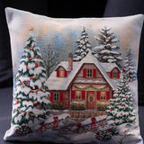 Christmas Woven Tapestry Cushion Cover, Snowy Cottage and Christmas Trees, 45x45 cm