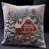 Christmas Woven Tapestry Cushion Cover, Snowy Cottage and Christmas Trees, 45x45 cm