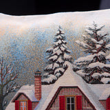 Christmas Woven Tapestry Cushion Cover, Snowy Cottage and Christmas Trees, 45x45 cm