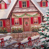 Christmas Woven Tapestry Cushion Cover, Snowy Cottage and Christmas Trees, 45x45 cm