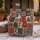 Cosy Christmas Snowman Blanket – Woven Patchwork with Red Birds