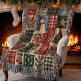 Cosy Christmas Snowman Blanket – Woven Patchwork with Red Birds
