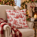 Red Christmas Toile Pillow Cover, Santa Sleigh and Reindeer Pillowcase, Farmhouse Holiday Decor