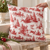 Red Christmas Toile Pillow Cover, Santa Sleigh and Reindeer Pillowcase, Farmhouse Holiday Decor