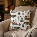 Winter Cabin and Pine Tree Pattern Pillow, Winter Wonderland Christmas, Cozy Red Cabin Pillow
