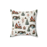 Winter Cabin and Pine Tree Pattern Pillow, Winter Wonderland Christmas, Cozy Red Cabin Pillow