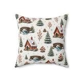 Winter Cabin and Pine Tree Pattern Pillow, Winter Wonderland Christmas, Cozy Red Cabin Pillow