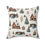 Winter Cabin and Pine Tree Pattern Pillow, Winter Wonderland Christmas, Cozy Red Cabin Pillow