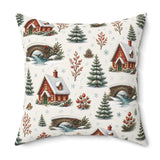 Winter Cabin and Pine Tree Pattern Pillow, Winter Wonderland Christmas, Cozy Red Cabin Pillow